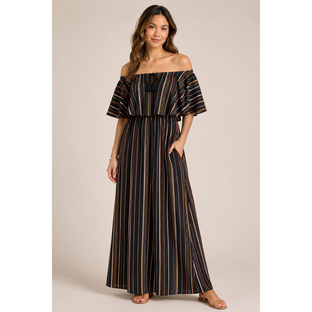 Garnet Hill Off Shoulder Boho‎ Maxi Dress Black Rainbow Stripe Tassel NEW M